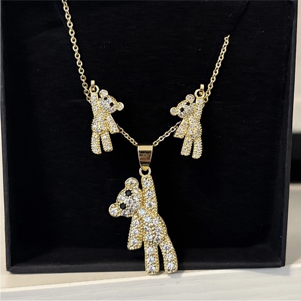 Necklace & Earrings Set Sparkly Teddy 
Gold Plated Pavé Dangling Bear Whimsy